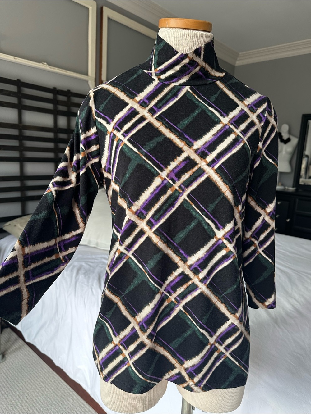 Chico's Black, Green, Purple & Cream Plaid Mock Turtleneck Top, size medium (1)